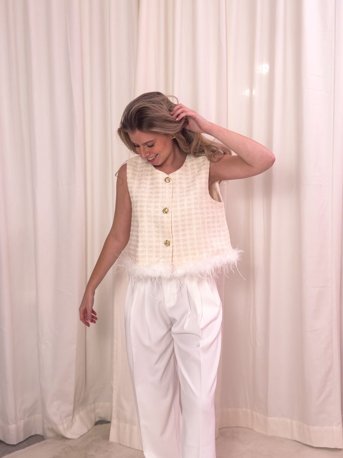 The Florence Tweed Gilet - Soft Ivory